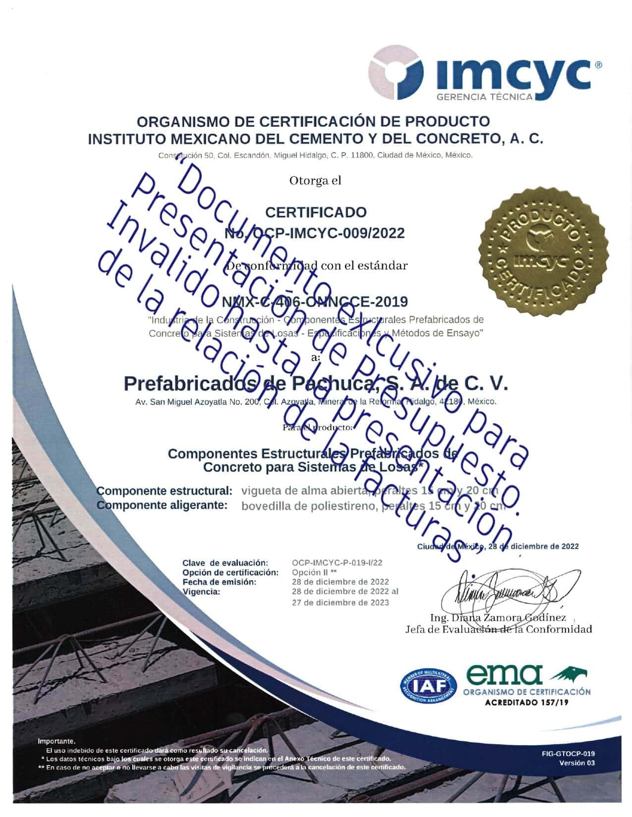 Certificado OCP IMCYC 009 2022 prefabricados de pachuca s.a. de c.v.