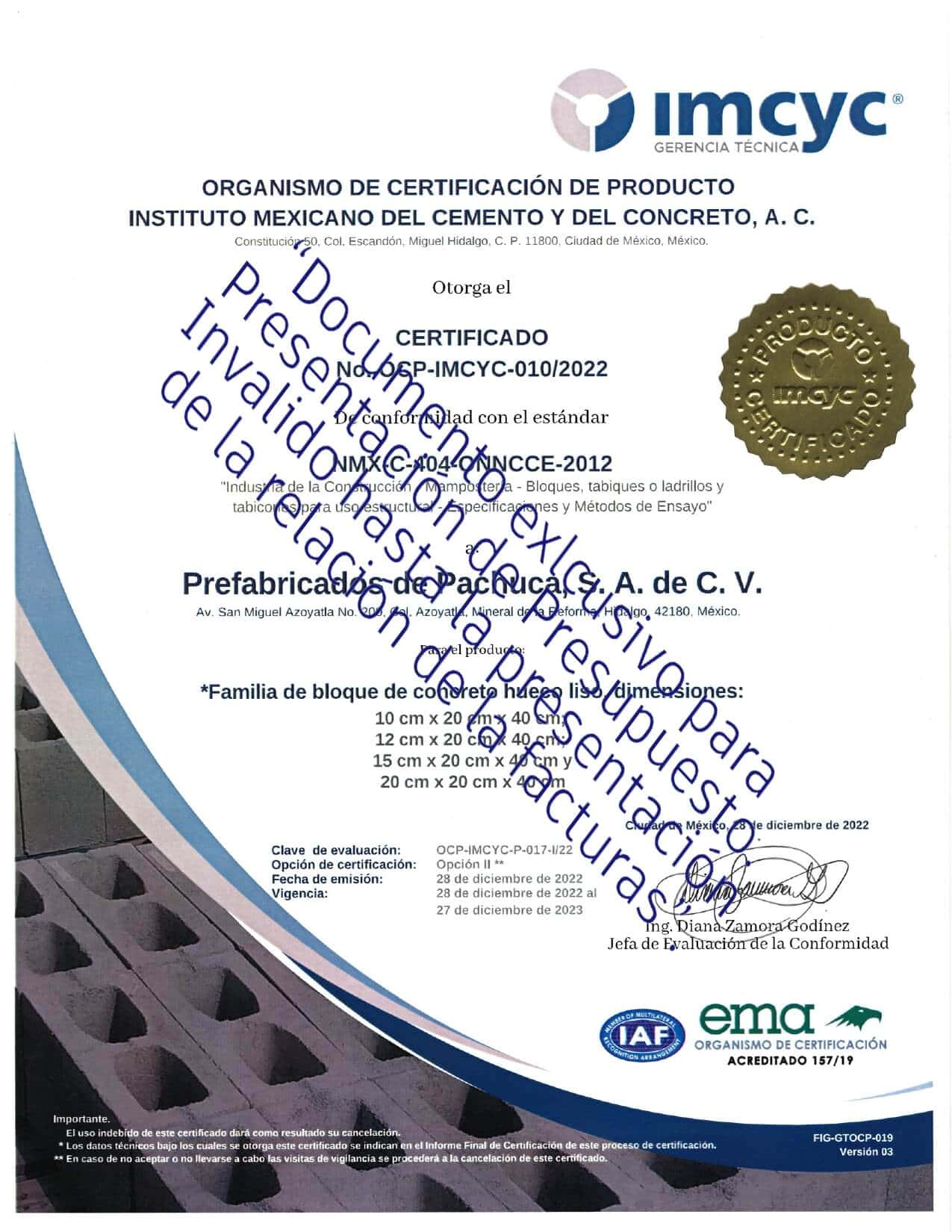 Certificado OCP IMCYC 010 2022 prefabricados de pachuca s.a. de c.v.