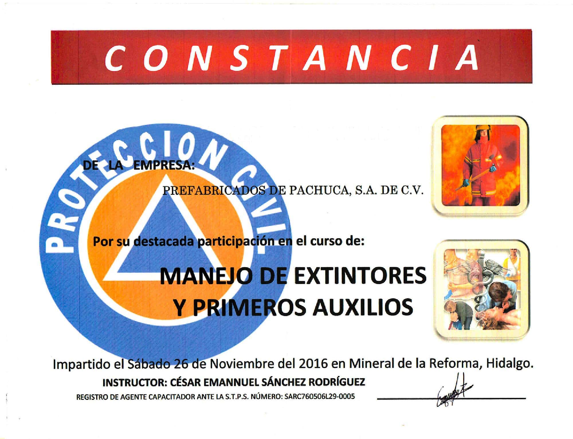 Reconomcimiento PROTECCIÓN CIVIL prefabricados de pachuca s.a. de c.v.