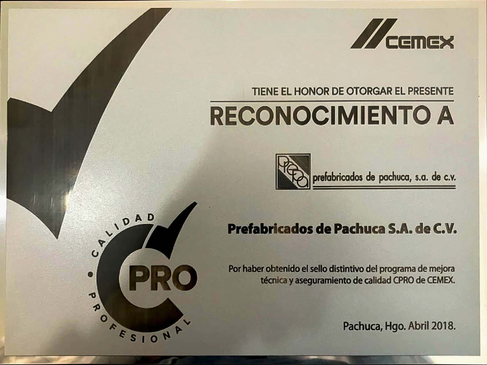 Reconomcimiento SELLO CPRO CEMEX prefabricados de pachuca s.a. de c.v.