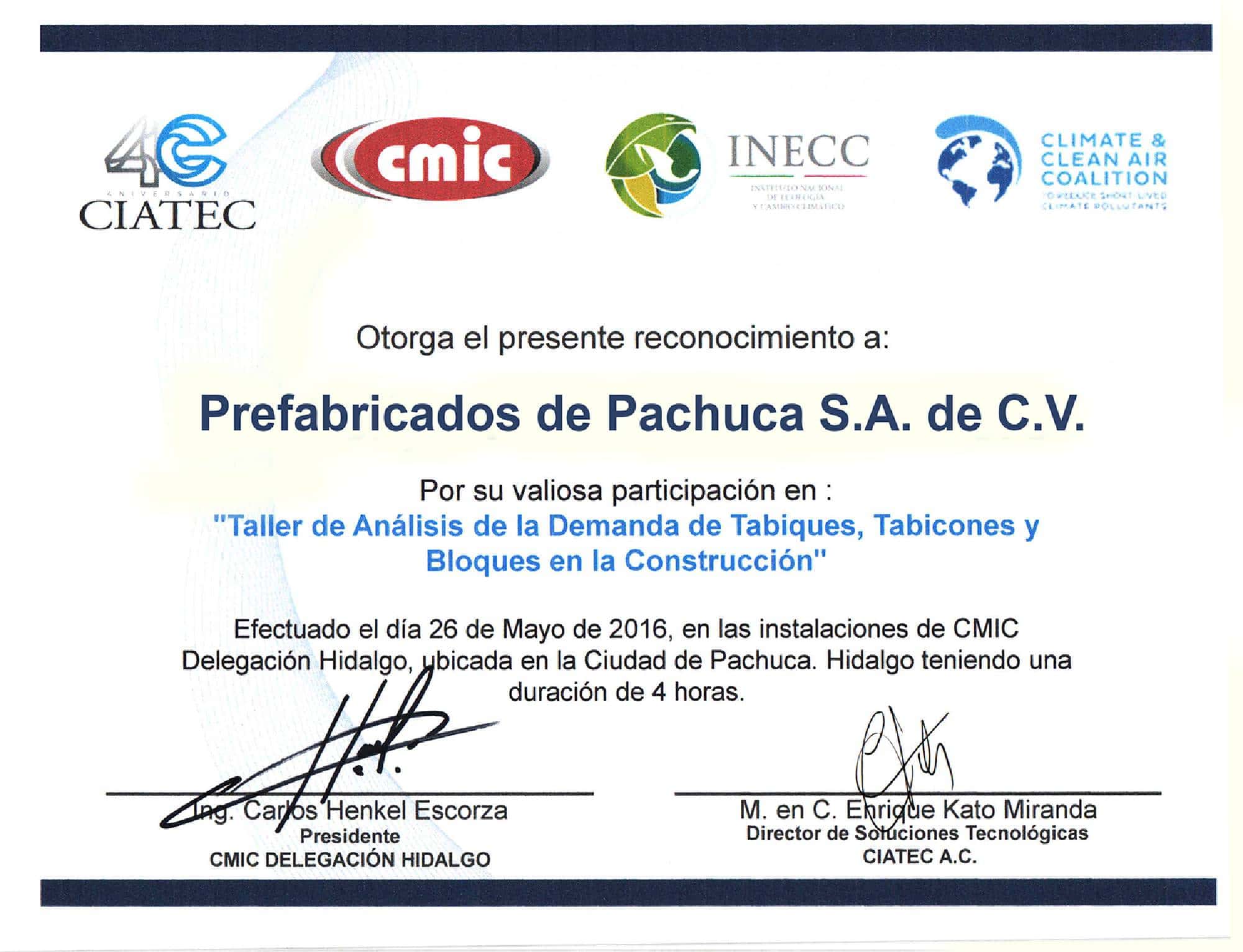 Reconomcimiento CMIC CIATEC INECC prefabricados de pachuca s.a. de c.v.