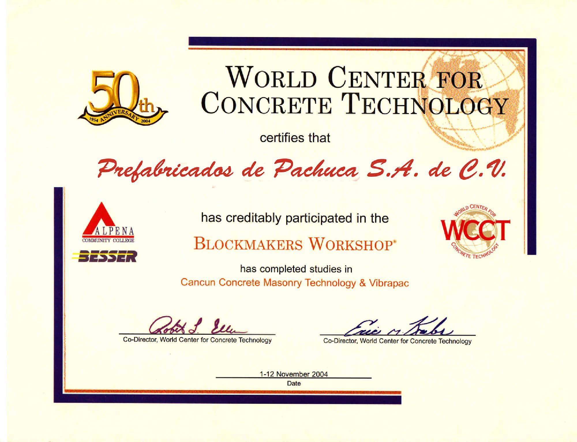 Reconomcimiento WCCT prefabricados de pachuca s.a. de c.v.