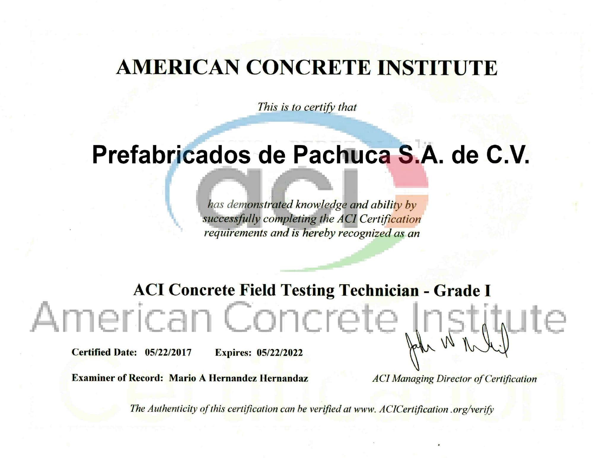 Reconomcimiento ACI prefabricados de pachuca s.a. de c.v.