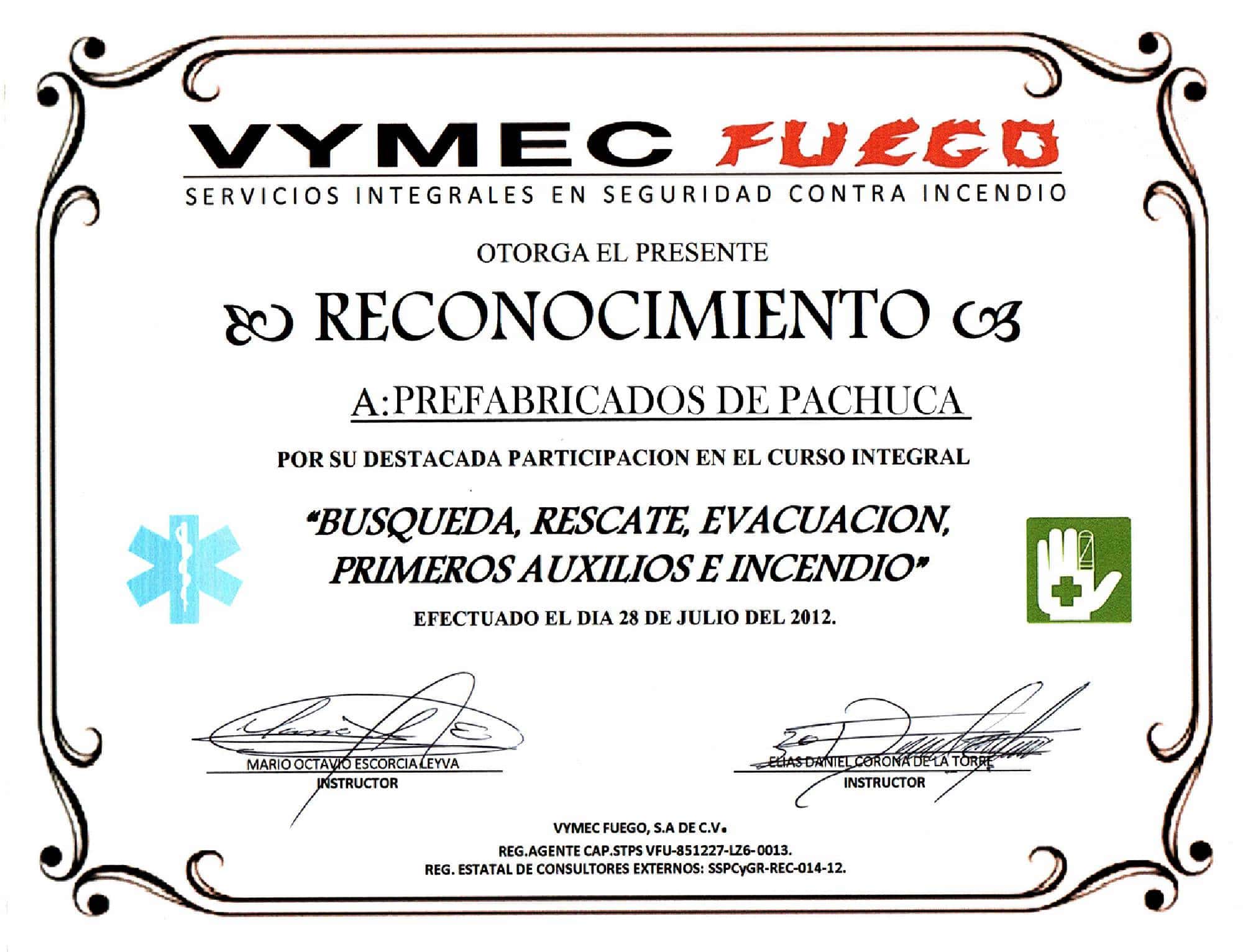 Reconomcimiento VYMEC prefabricados de pachuca s.a. de c.v.